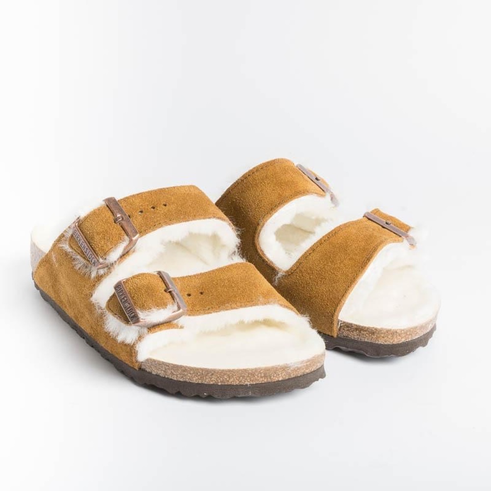 Birkenstock Arizona Fur Shearling Slides, Suede Leather/Mink, Size 42N